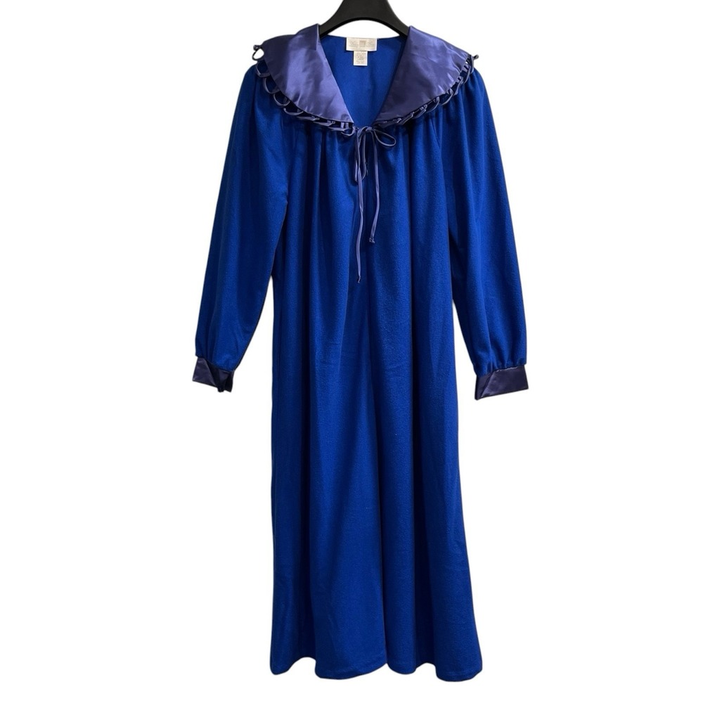 Vintage Ashley Ames Nightgown Robe Blue Fleece Satin Trim Long Size L Lounge